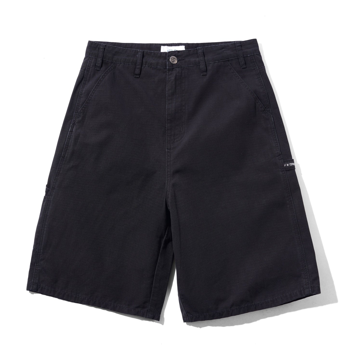 Black chino-style shorts with belt loops, a button closure, and side pockets, photographed flat against a white background.