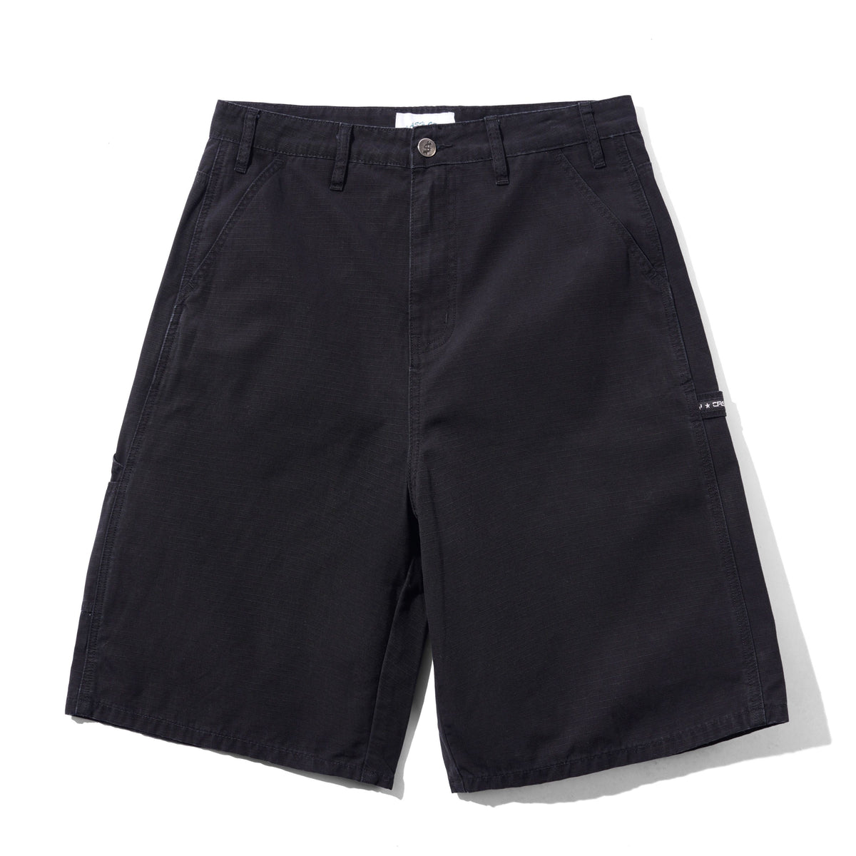 Black chino-style shorts with belt loops, a button closure, and side pockets, photographed flat against a white background.