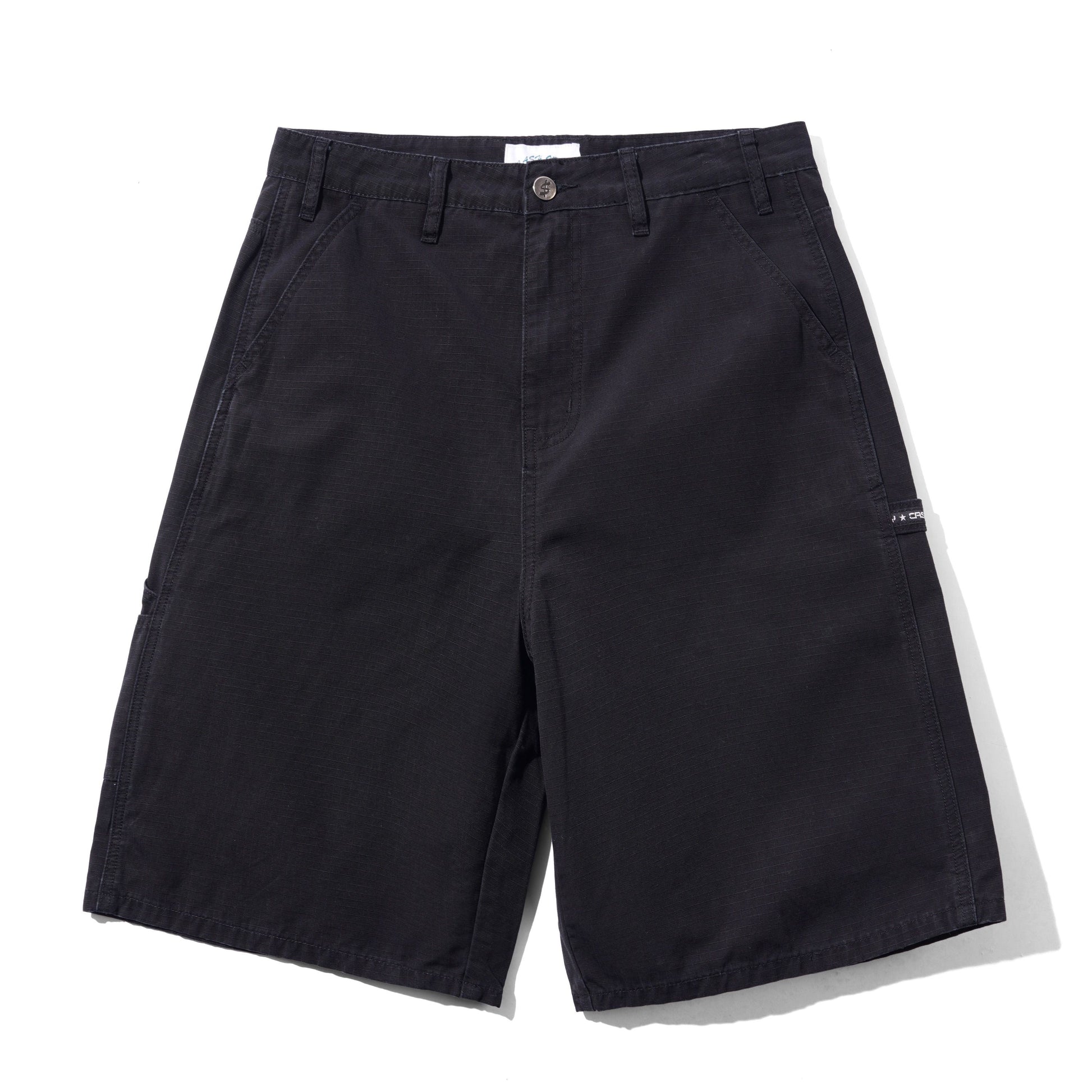 Black chino-style shorts with belt loops, a button closure, and side pockets, photographed flat against a white background.