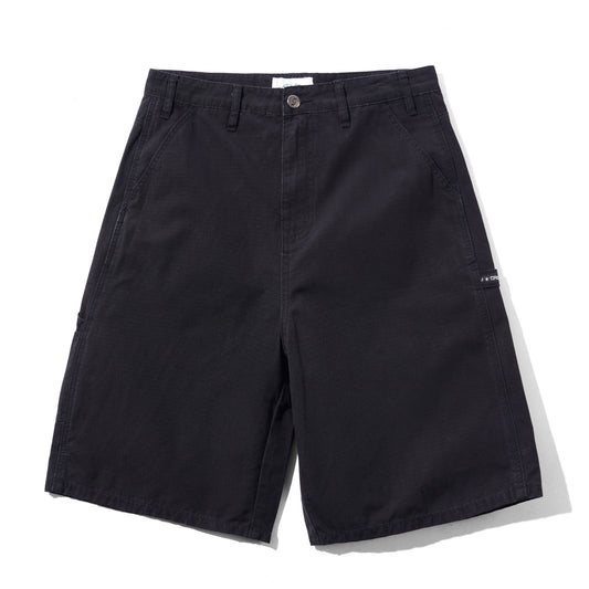 Black chino-style shorts with belt loops, a button closure, and side pockets, photographed flat against a white background.