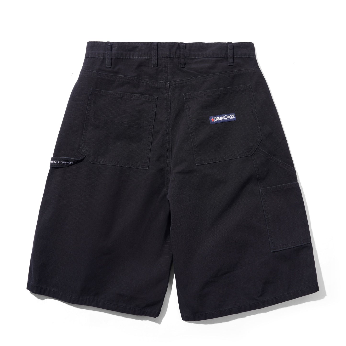 Black cargo shorts with multiple utility pockets, shown from the back on a white background.