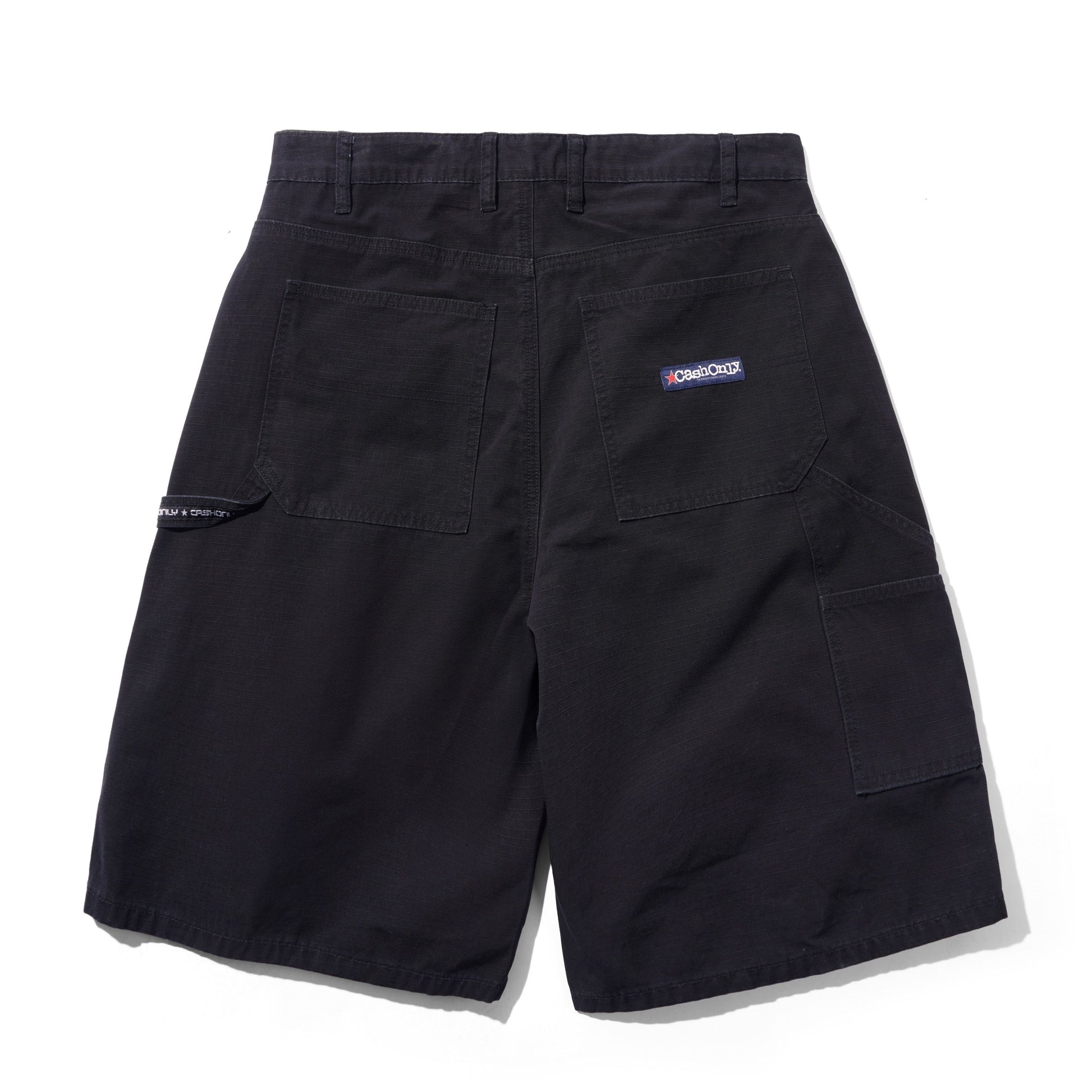 Black cargo shorts with multiple utility pockets, shown from the back on a white background.