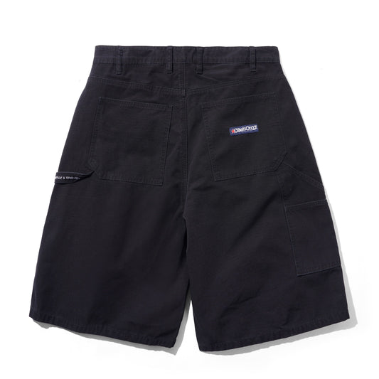 Black cargo shorts with multiple utility pockets, shown from the back on a white background.