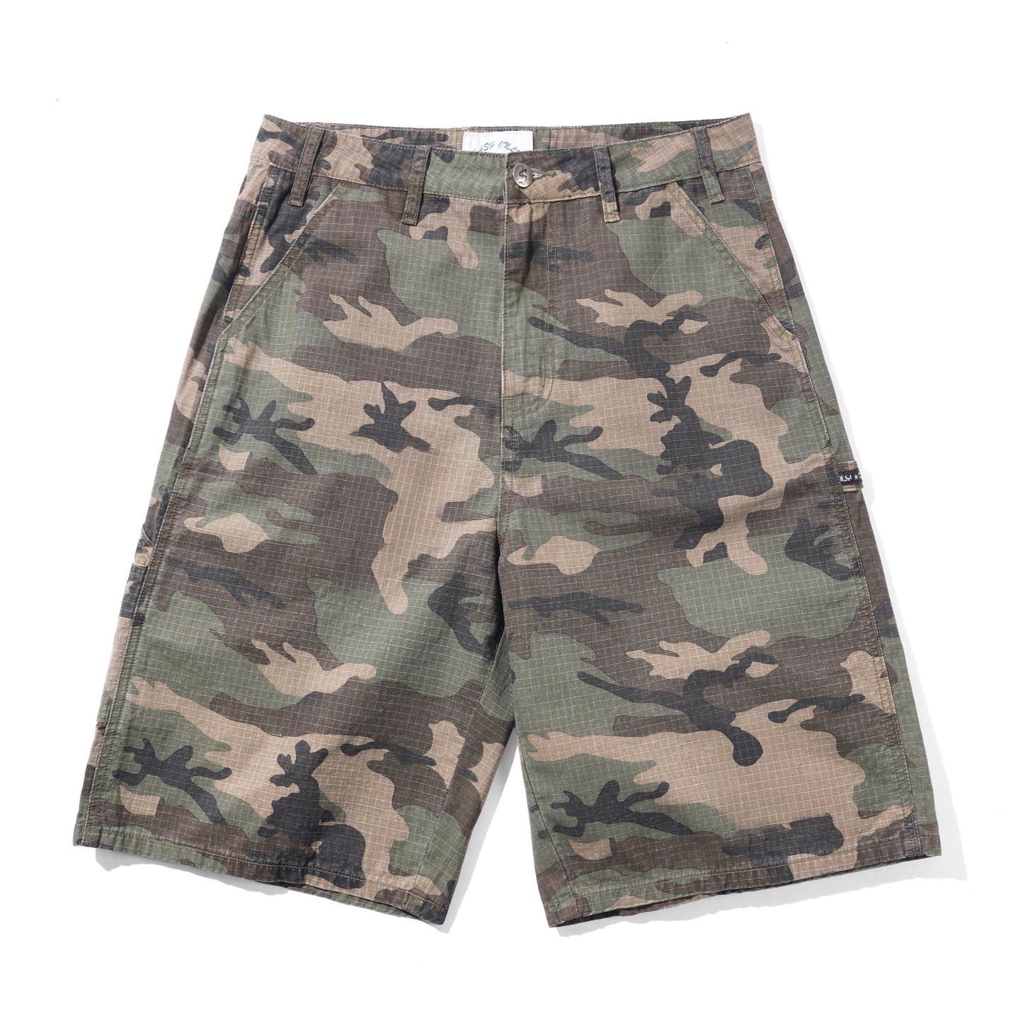 A pair of men's cargo shorts featuring a classic woodland camouflage pattern in green, brown, beige, and black, laid flat against a white background.
