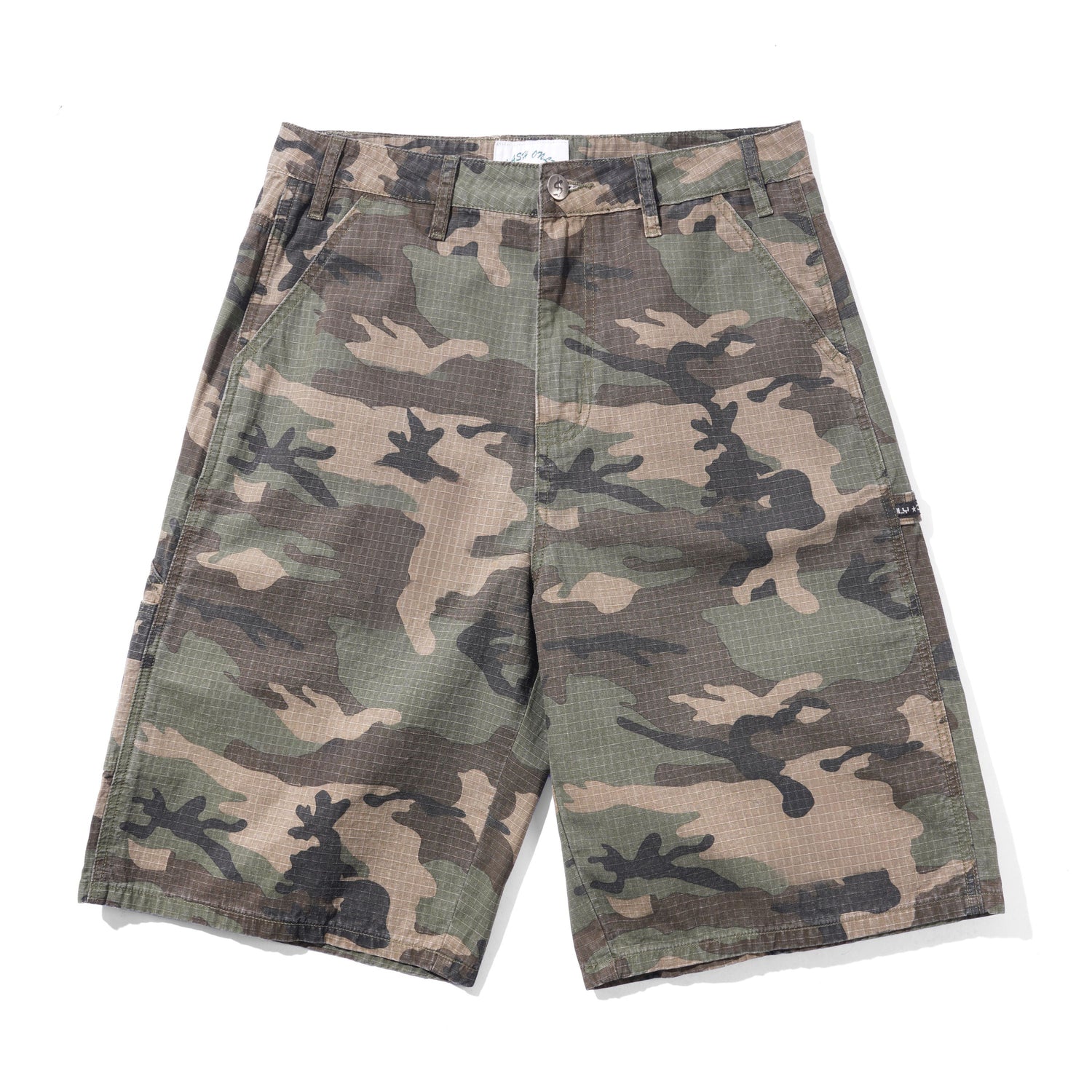A pair of men's cargo shorts featuring a classic woodland camouflage pattern in green, brown, beige, and black, laid flat against a white background.