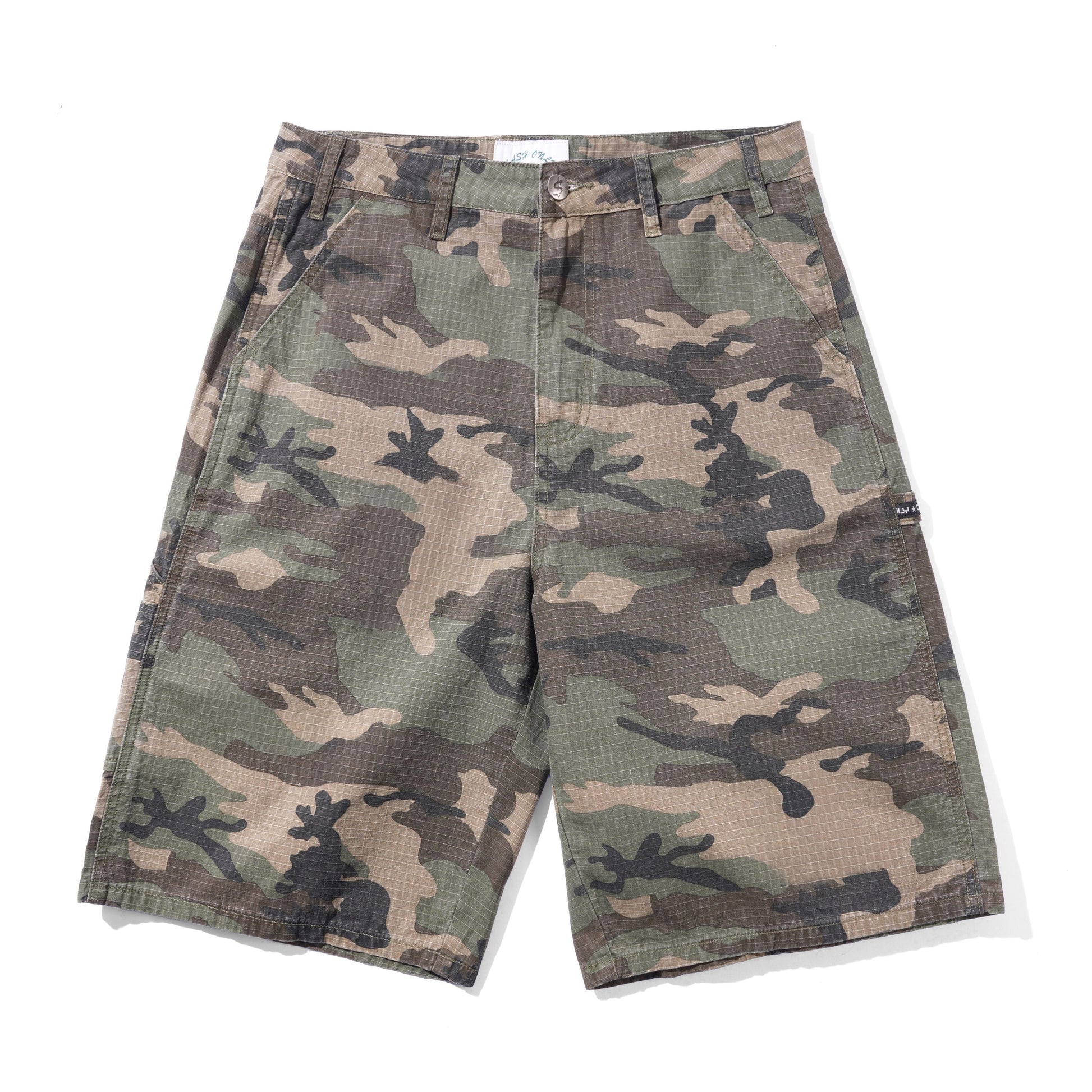 A pair of men's cargo shorts featuring a classic woodland camouflage pattern in green, brown, beige, and black, laid flat against a white background.