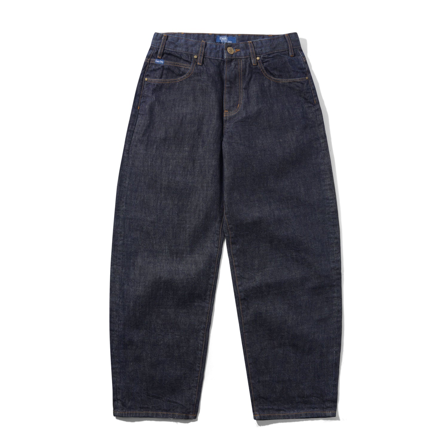 Dark indigo denim jeans with a straight, relaxed leg, laid flat against a white background.