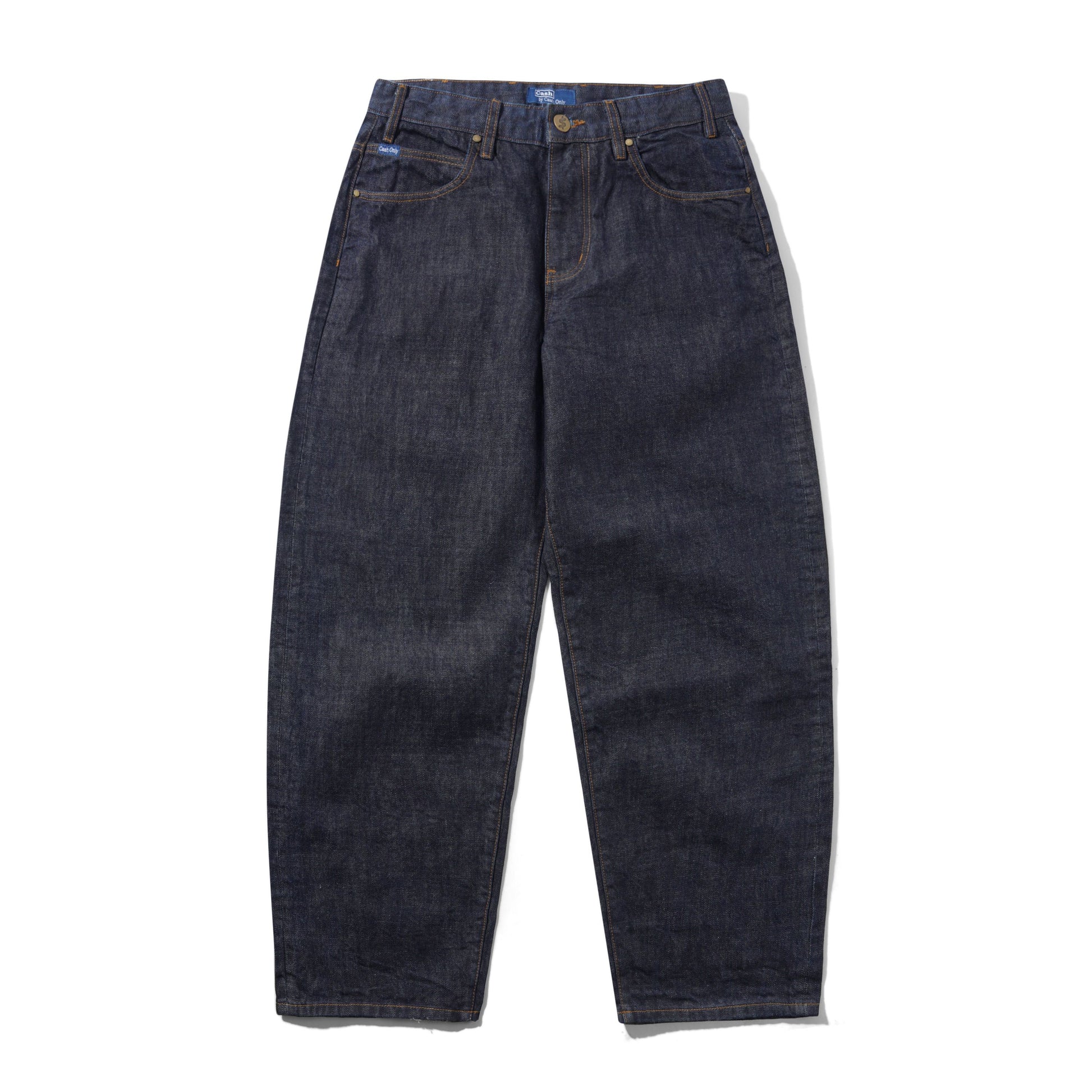 Dark indigo denim jeans with a straight, relaxed leg, laid flat against a white background.