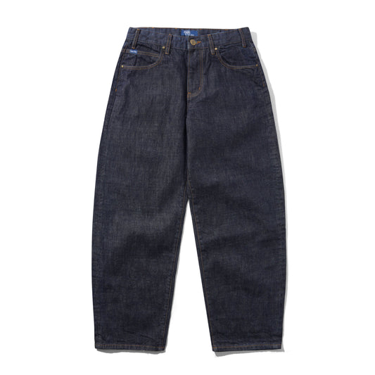 Dark indigo denim jeans with a straight, relaxed leg, laid flat against a white background.