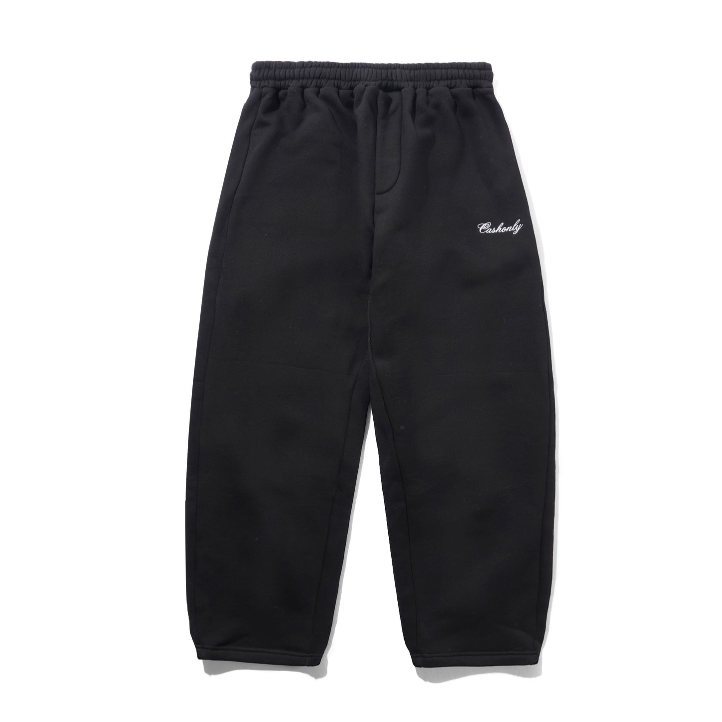 Black sweatpants with an elastic waistband, drawstring, side pockets, and a small white embroidered script logo on the left hip, shown flat on a white background.