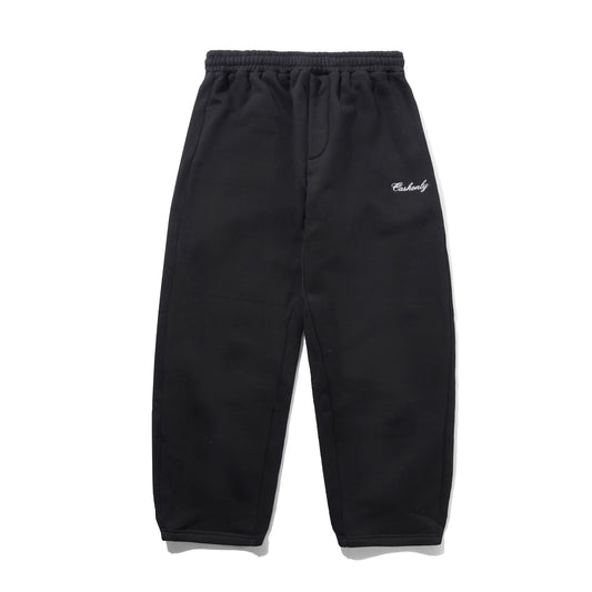 Black sweatpants with an elastic waistband, drawstring, side pockets, and a small white embroidered script logo on the left hip, shown flat on a white background.