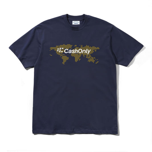Navy blue t-shirt with 'CashOnly' logo and world map design on a white background