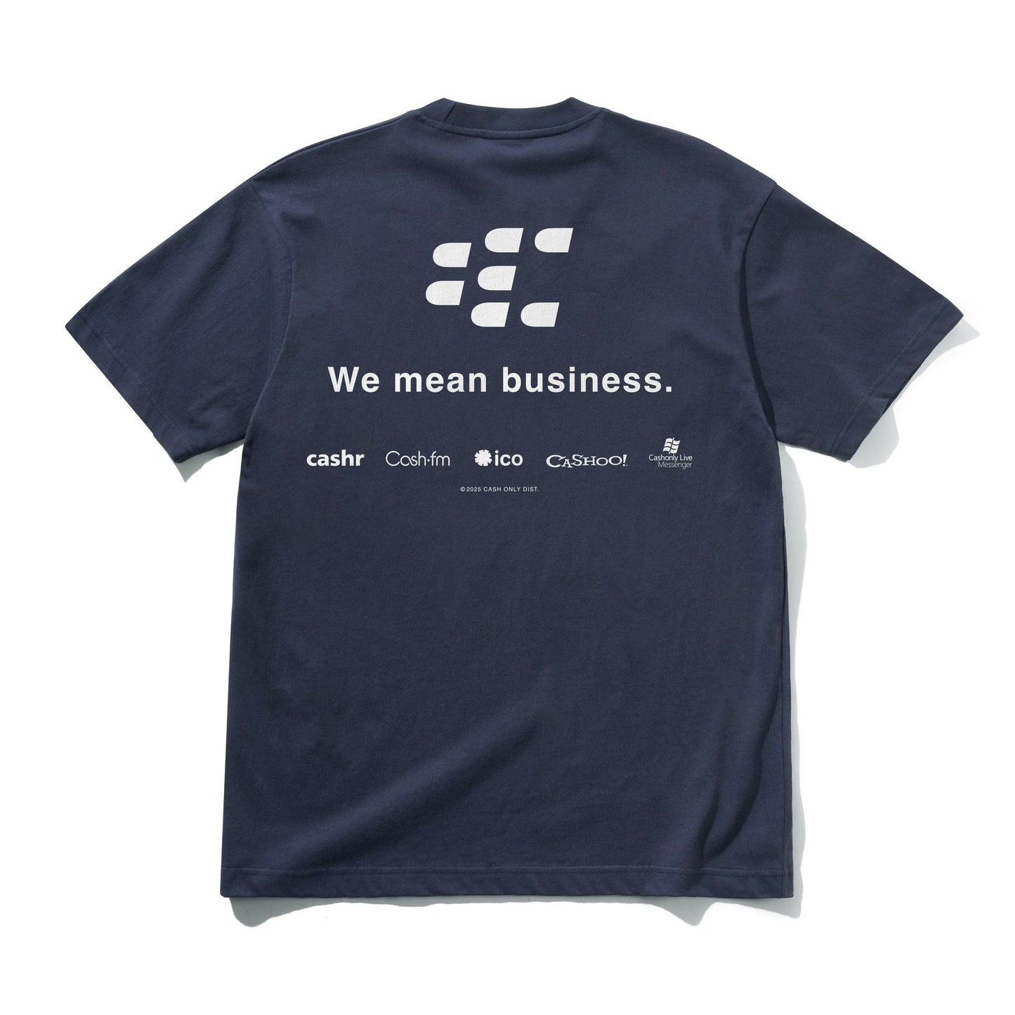 Navy blue t-shirt with white text and logos on a white background