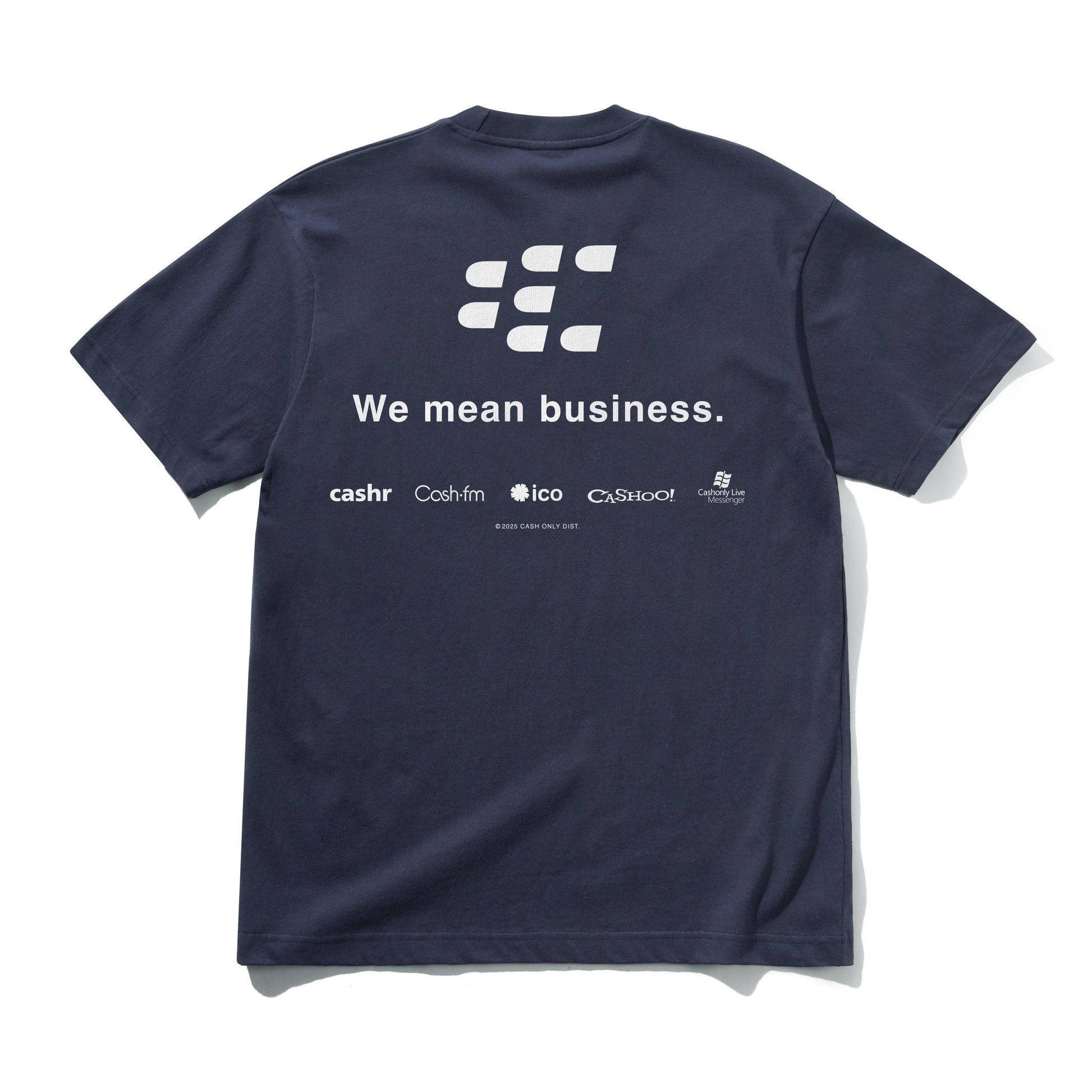 Navy blue t-shirt with white text and logos on a white background