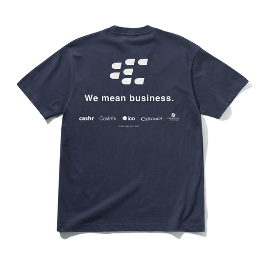 Navy blue t-shirt with white text and logos on a white background