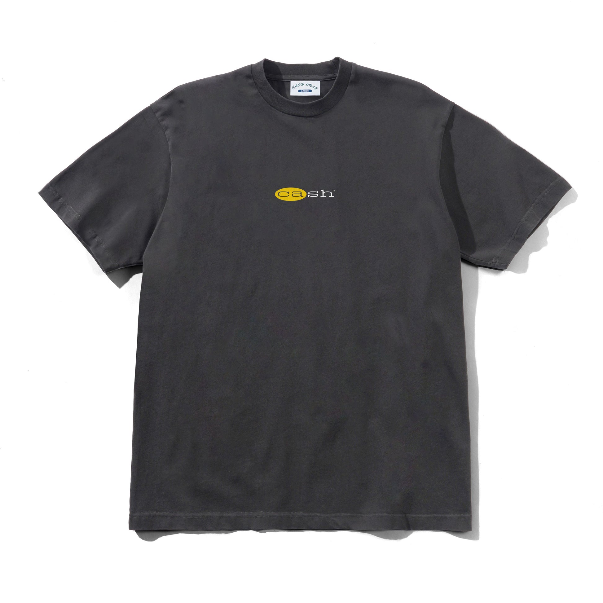 Black t-shirt with a logo on a white background