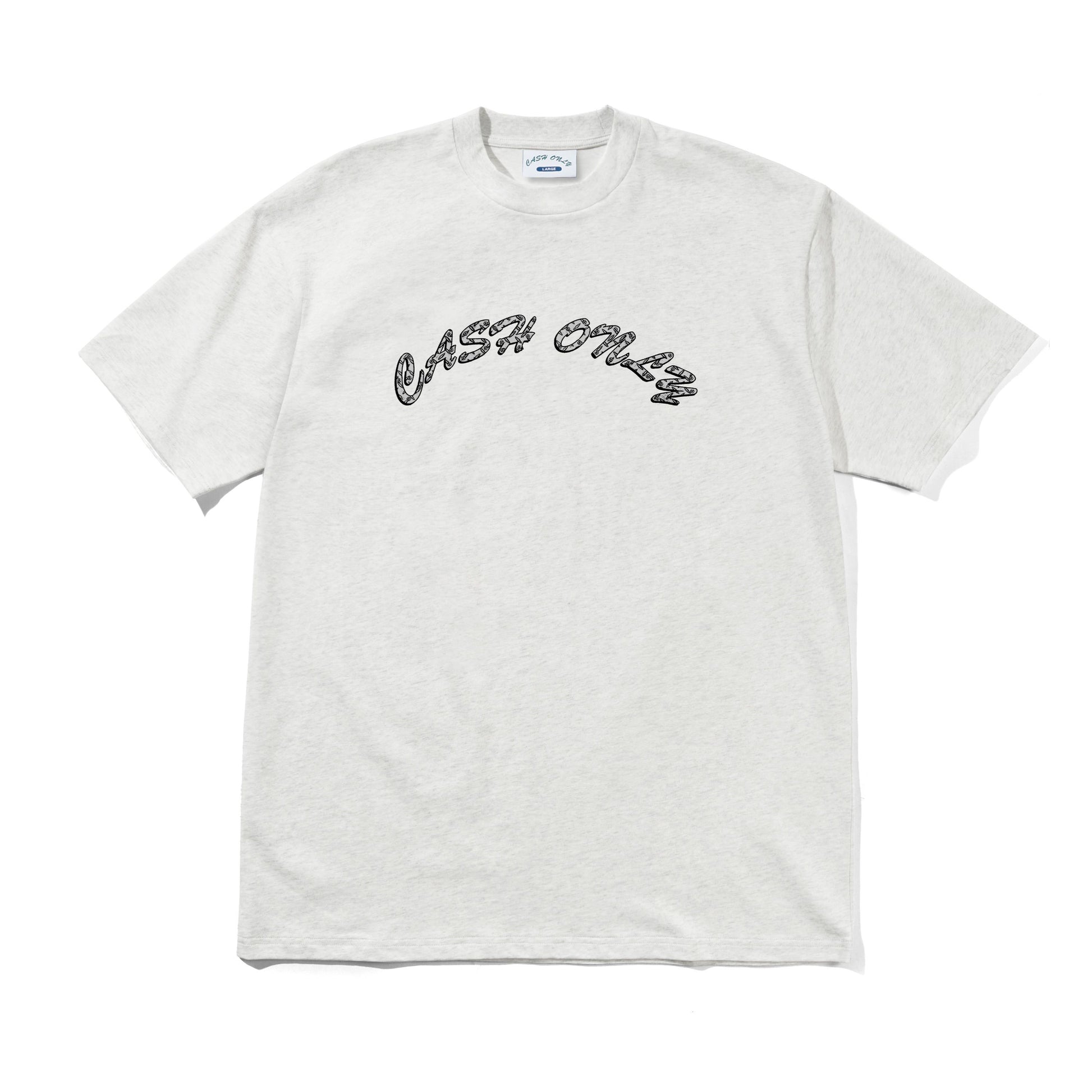 Gray t-shirt with 'Cash Only' text on a white background