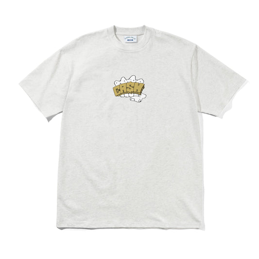A light heather gray short-sleeve t-shirt with a small graphic on the center chest showing a beer glass with the word 'DISGUISE' written on it in white and black.