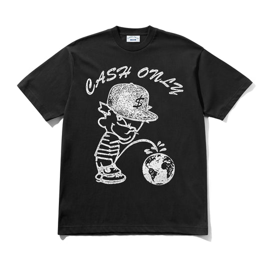 Black t-shirt with a graphic design of a skeleton wearing a cap and 'Cash Only' text on a white background.