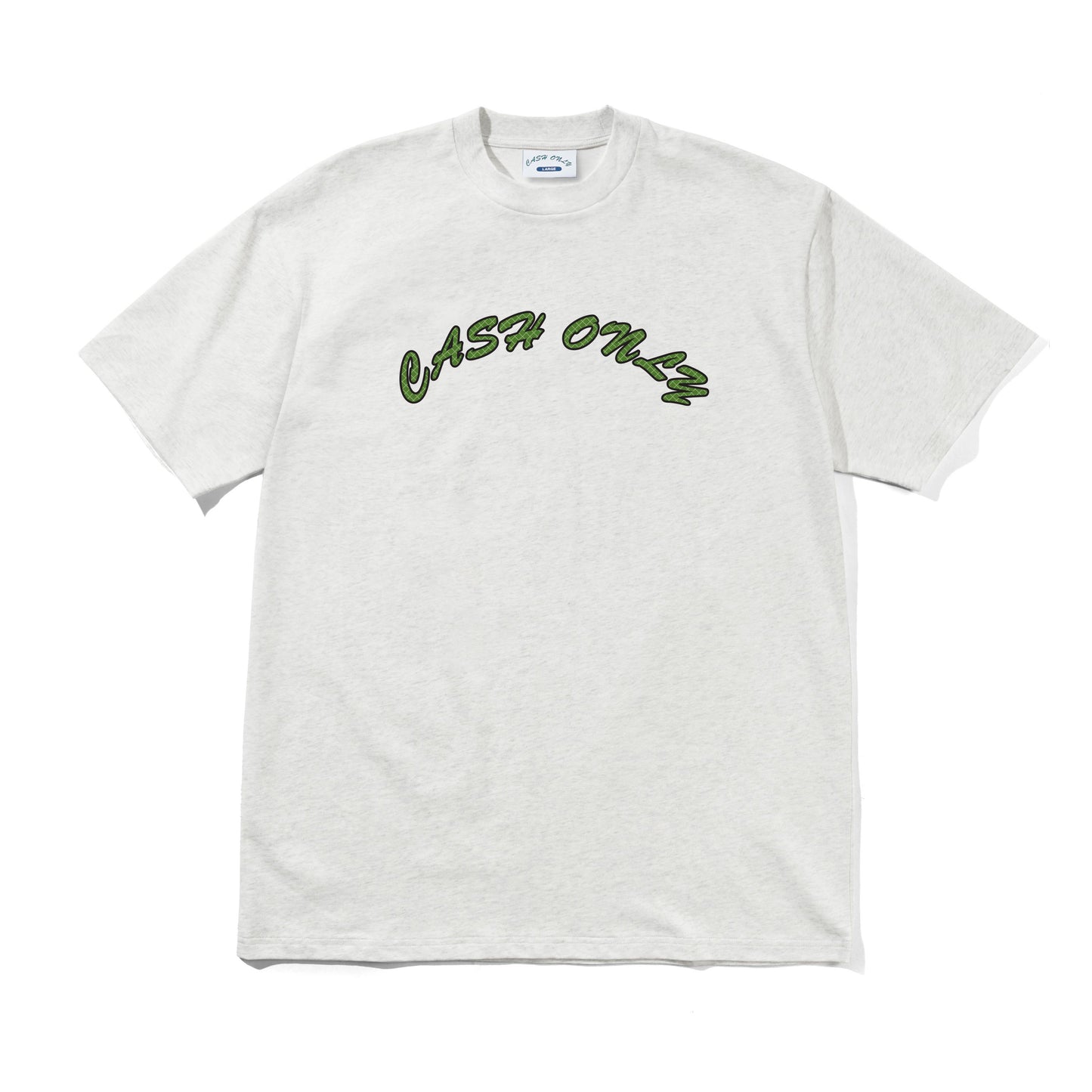 A light heather gray crewneck t-shirt with 'CASH ONLY' printed in a dark green cursive font across the chest, displayed flat against a white background.