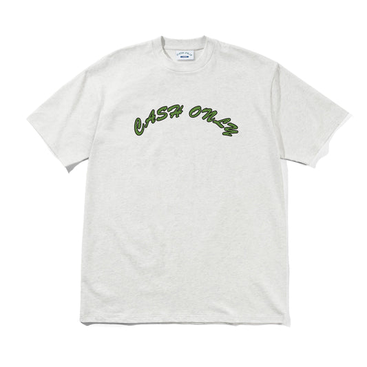 A light heather gray crewneck t-shirt with 'CASH ONLY' printed in a dark green cursive font across the chest, displayed flat against a white background.