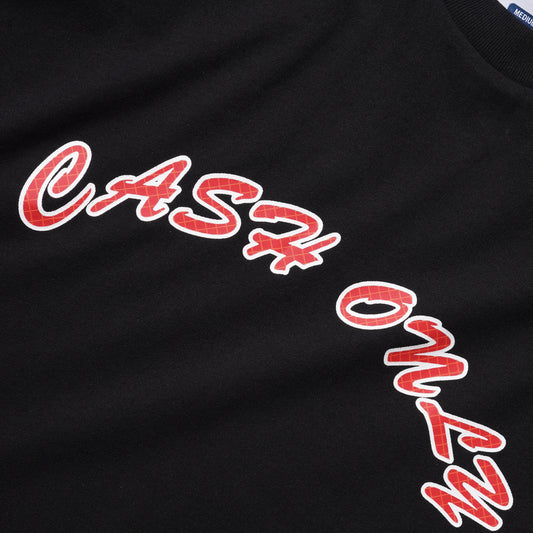 Close-up of a black T-shirt with large arched red script text outlined in white across the chest.