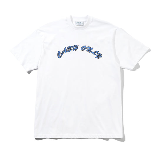 A white short-sleeve crewneck t-shirt featuring the words 'CASH ONLY' printed across the chest in a blue cursive script with a white outline.