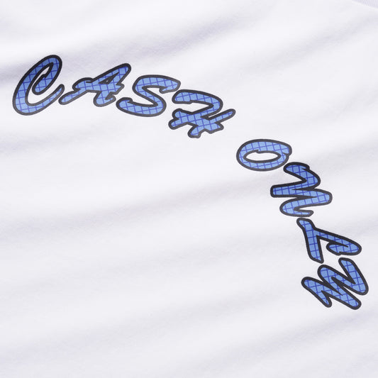 Close-up of a white T-shirt with large stylized blue and black 'CASH OWL' lettering across the chest.