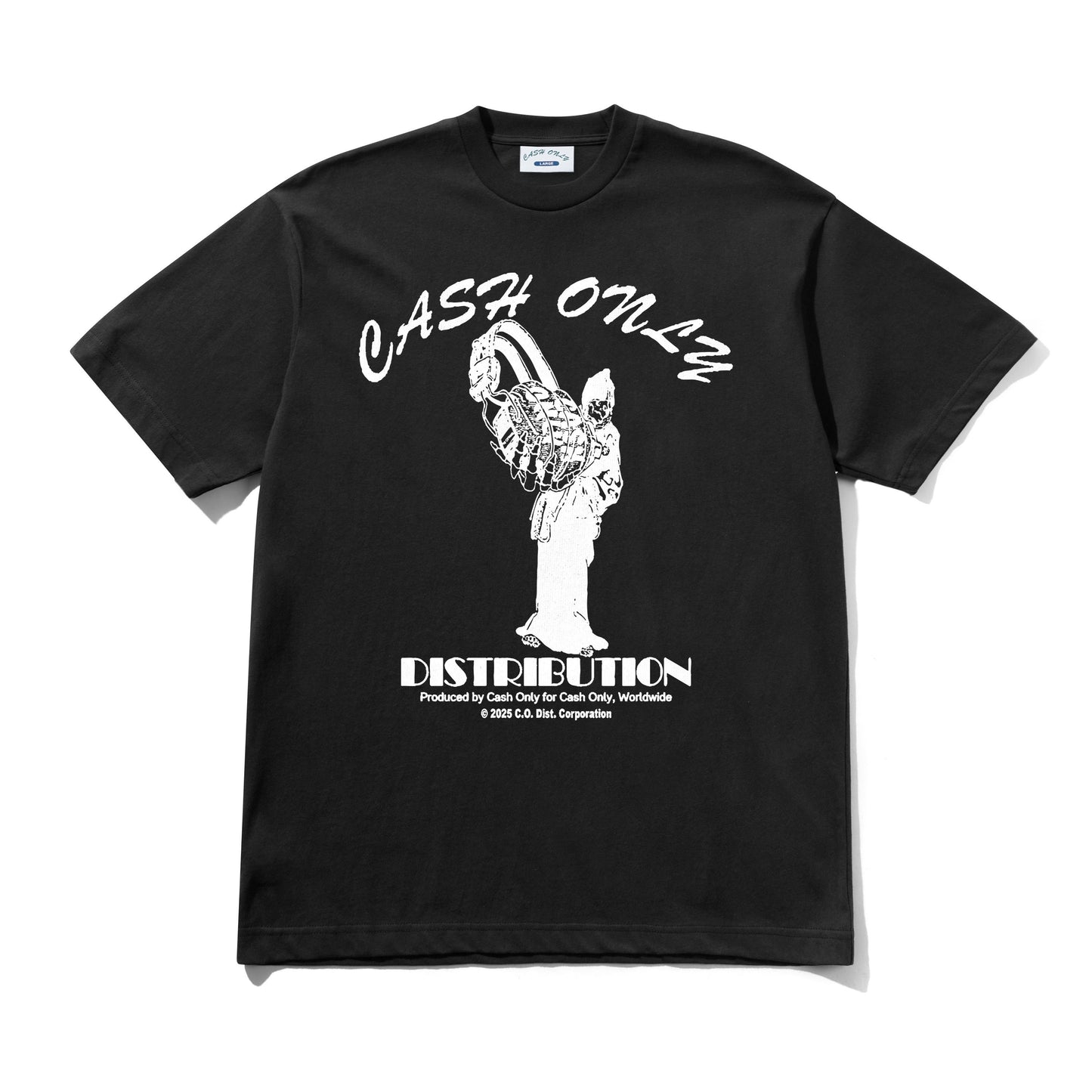 Black t-shirt with white text and logo on a white background