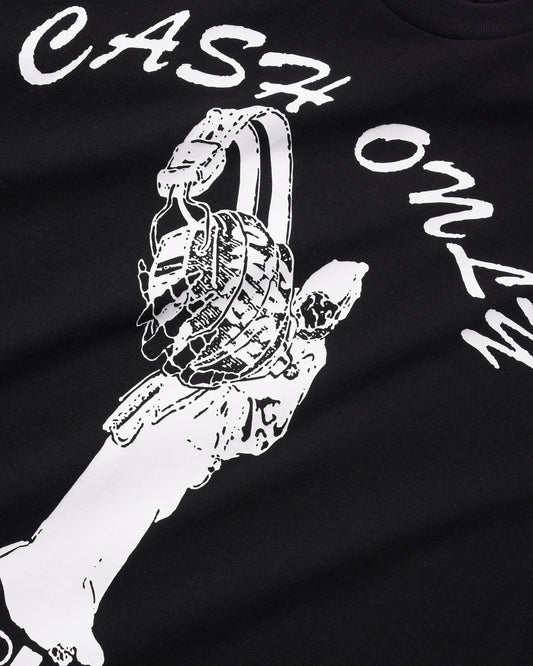 Close-up of a black graphic T-shirt featuring a white hand holding a basket filled with cash, with stylized white text reading 'CASH MONEY' across the top.