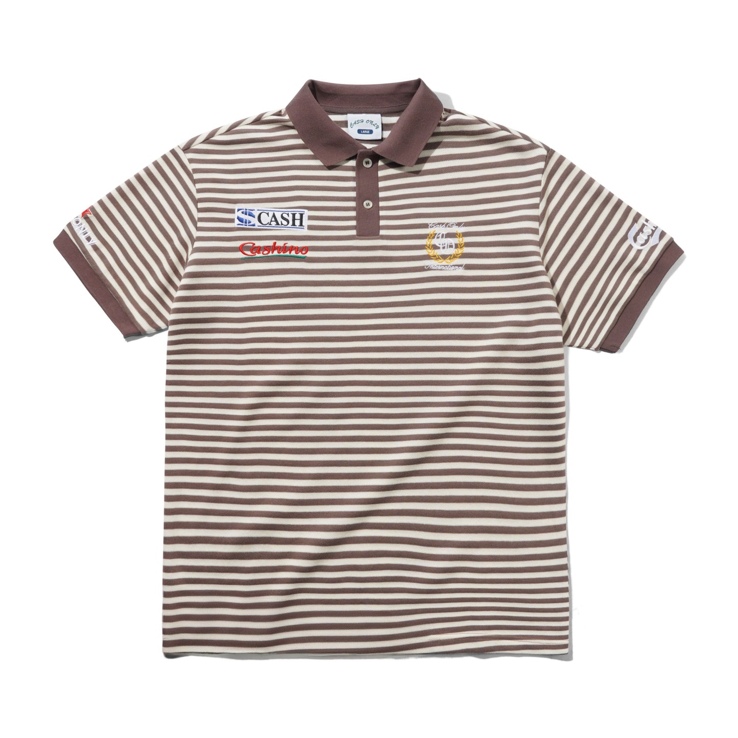A short-sleeve polo shirt with horizontal brown and beige stripes, featuring a solid brown collar and sleeve cuffs. The chest displays 'SCASH' and 'Sunshine' logos, with additional embroidered patches on the sleeves.