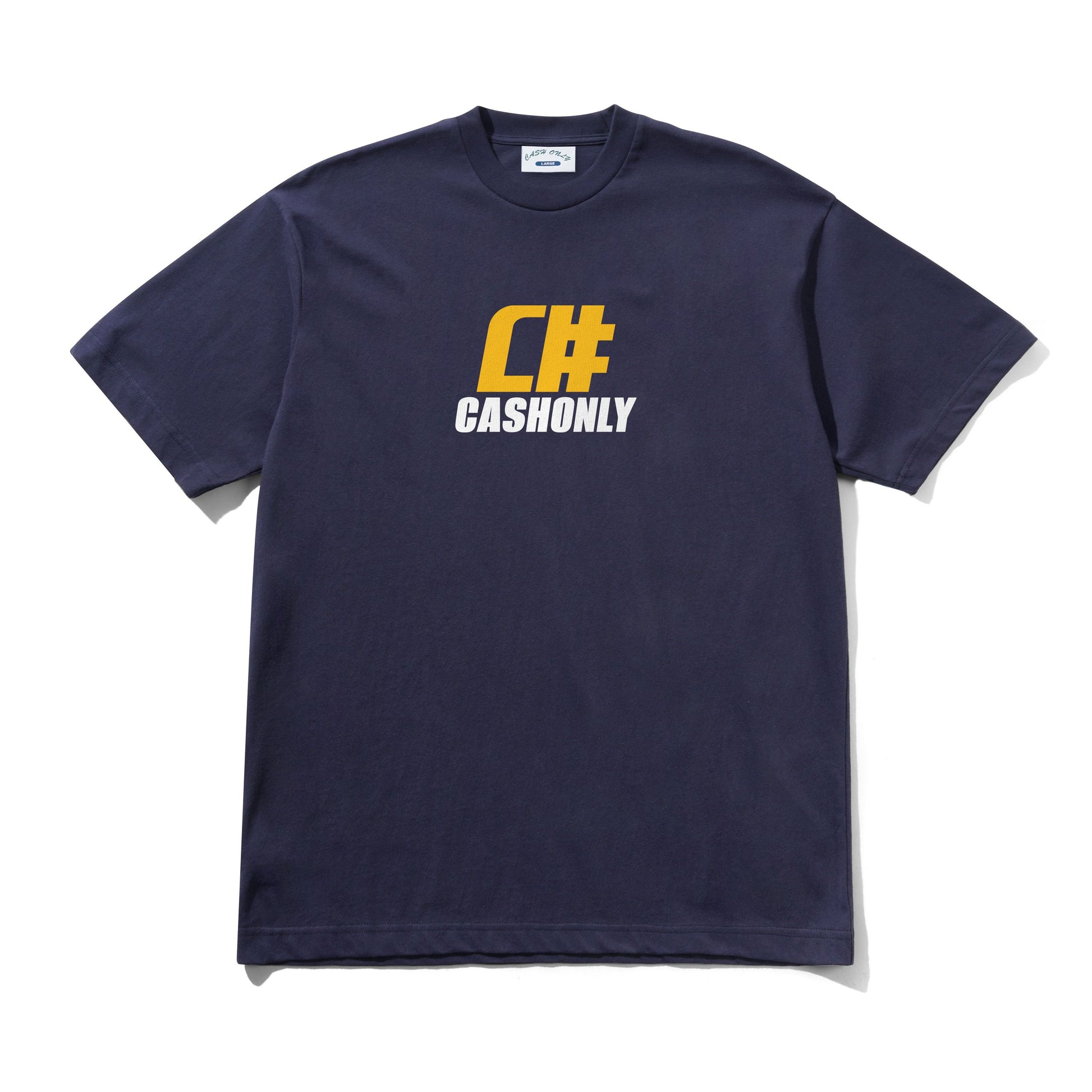 Navy blue t-shirt with yellow and white text on a white background