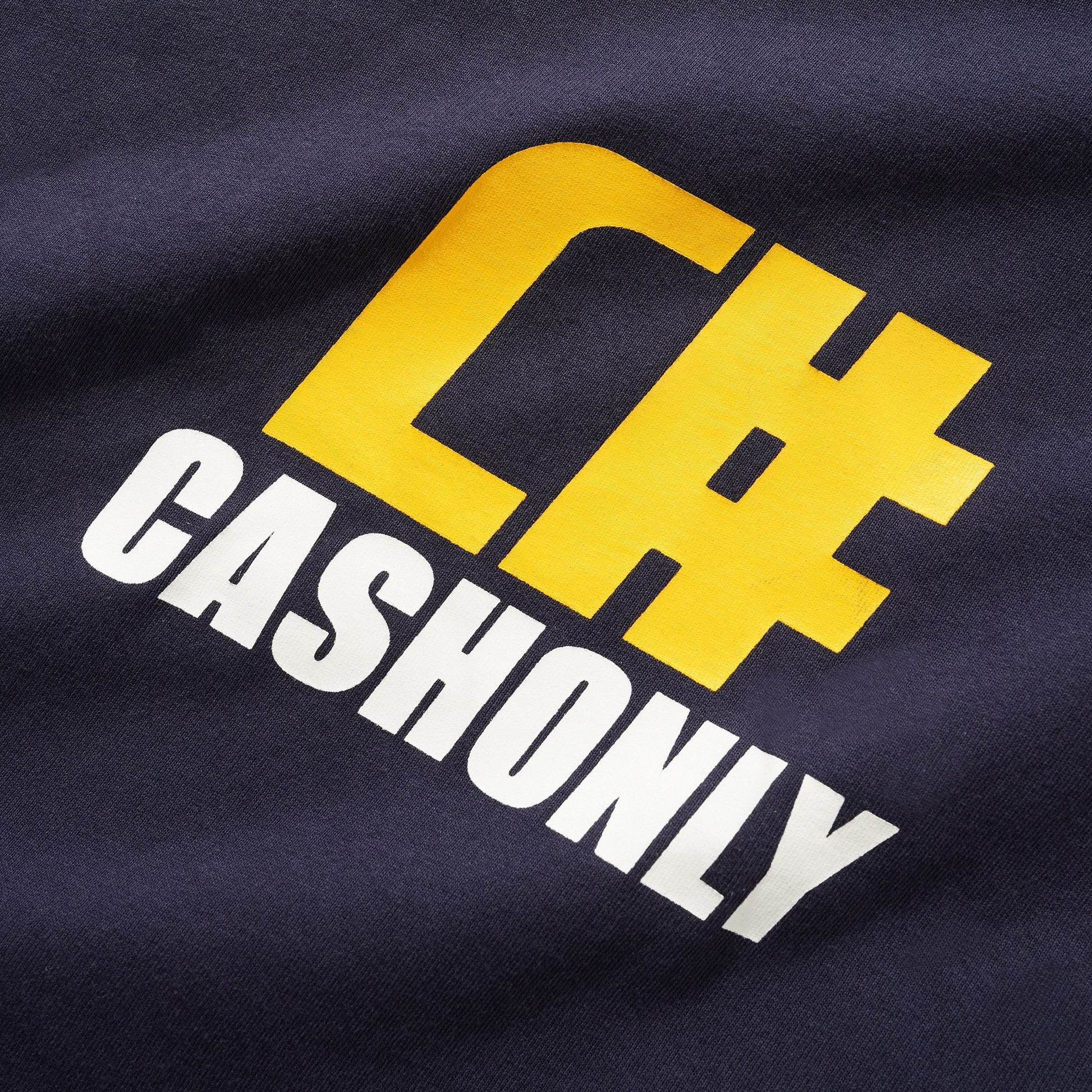 Navy blue fabric with yellow and white 'CASHONLY' logo