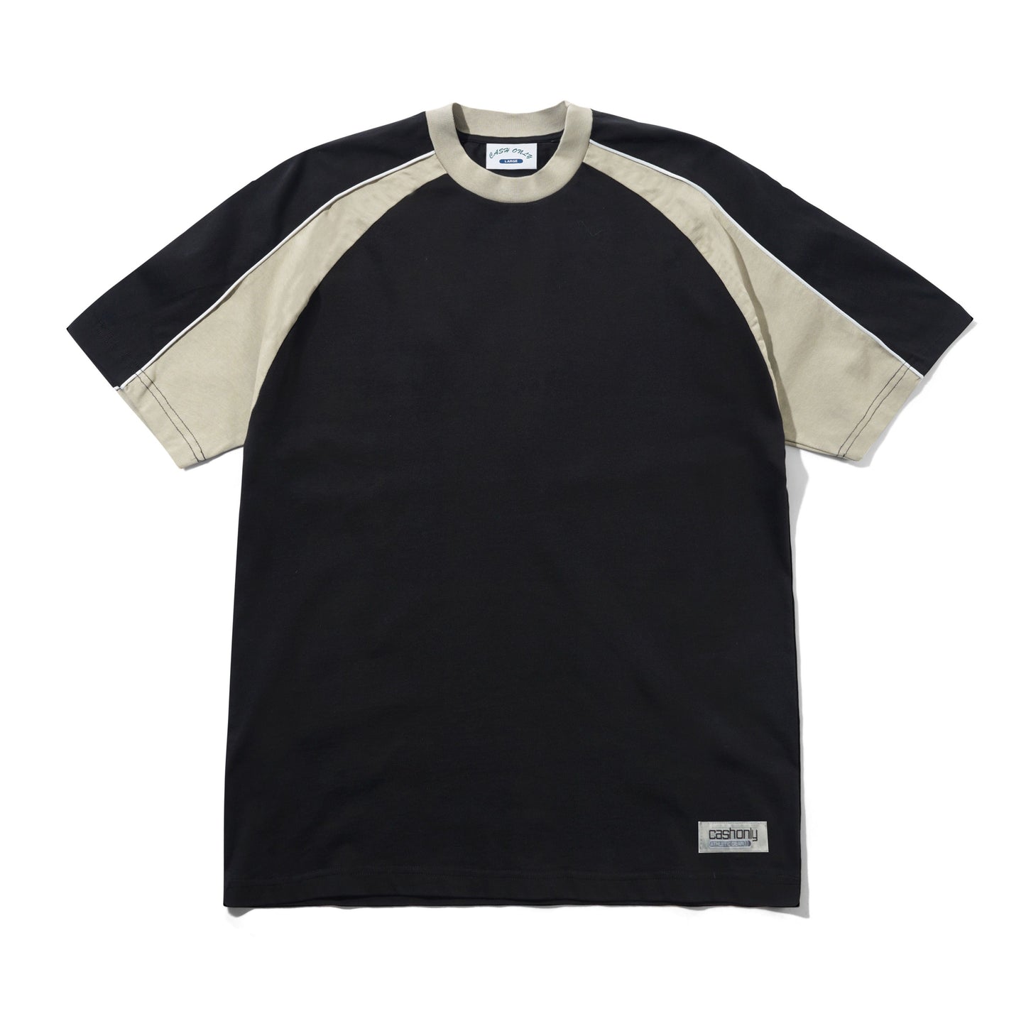 A short-sleeve raglan t-shirt in black and beige, featuring a black body and sleeves with beige shoulder panels and collar trim, laid flat on a white background.