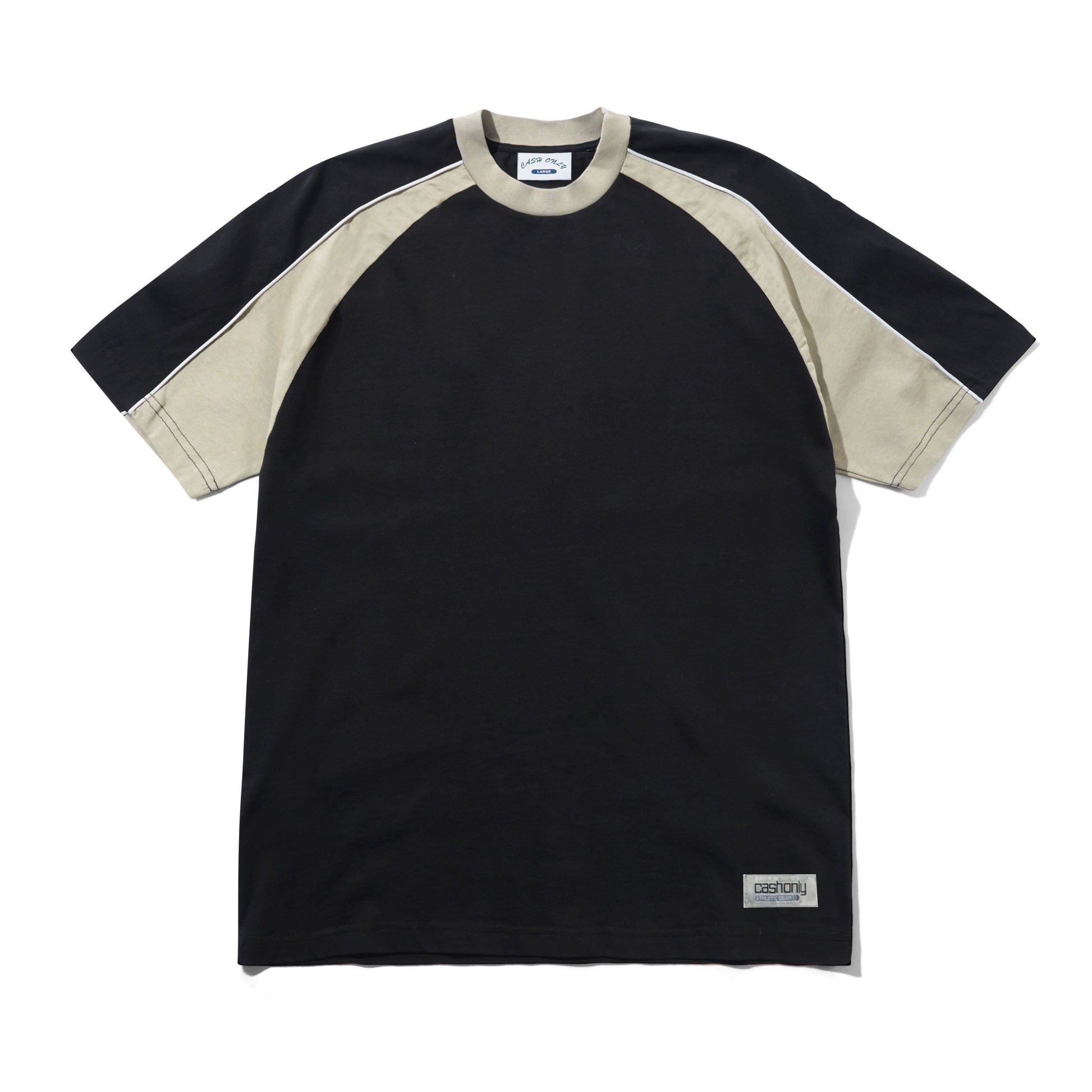 A short-sleeve raglan t-shirt in black and beige, featuring a black body and sleeves with beige shoulder panels and collar trim, laid flat on a white background.
