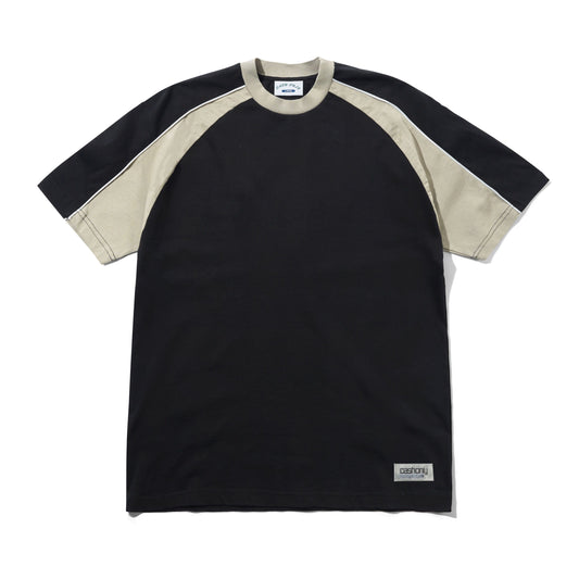 A short-sleeve raglan t-shirt in black and beige, featuring a black body and sleeves with beige shoulder panels and collar trim, laid flat on a white background.