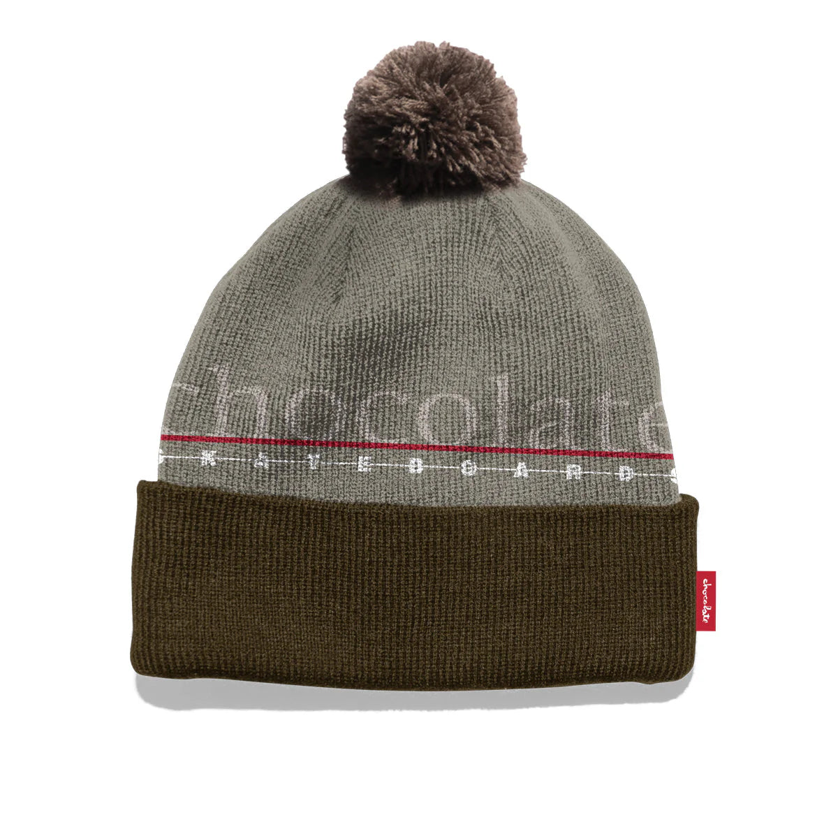 Gray and brown beanie with pom-pom on a white background