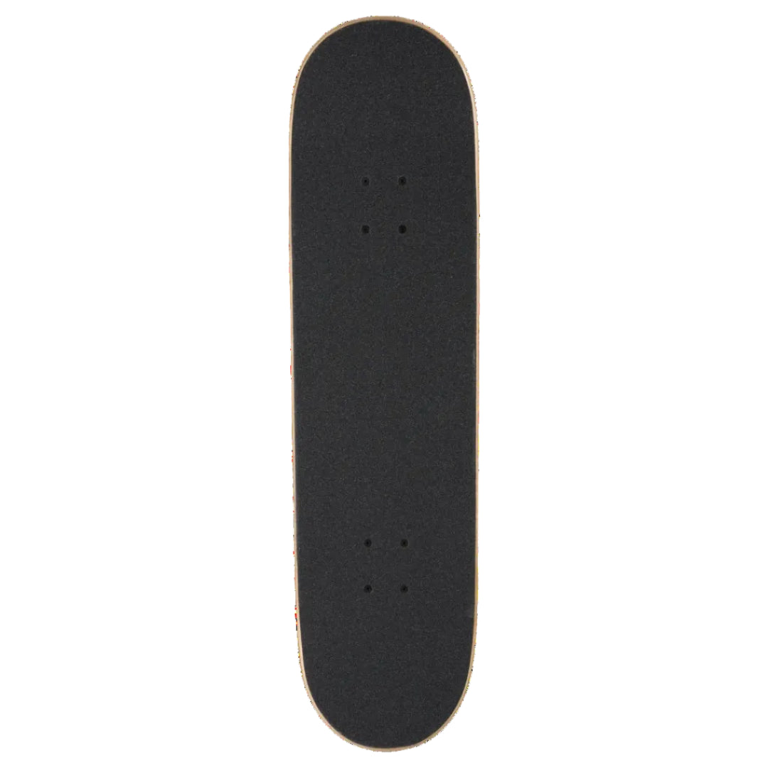 A black skateboard deck with grip tape, shown vertically against a plain white background.