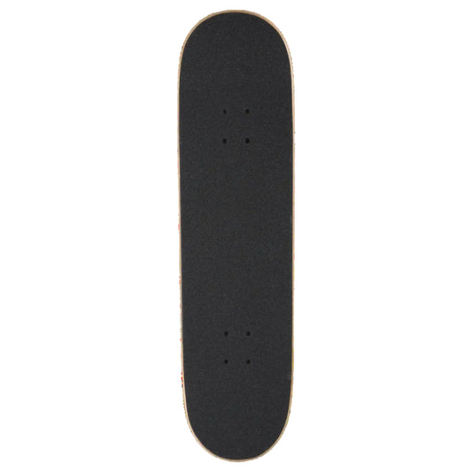 A black skateboard deck with grip tape, shown vertically against a plain white background.