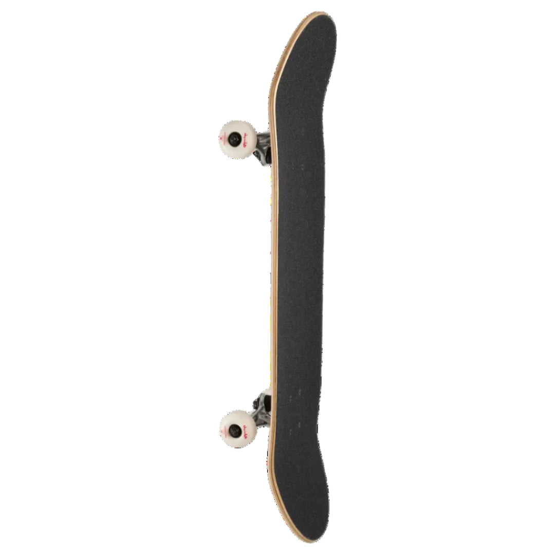 A skateboard shown vertically against a plain white background, displaying its black grip tape deck, natural wood edge, and white wheels with black trucks.