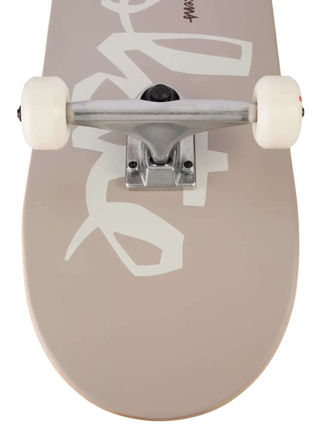 Close-up of a skateboard deck showing the front edge with white wheels and silver trucks against a plain white background.