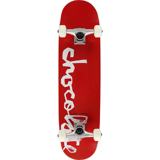 Red skateboard with white text on a white background
