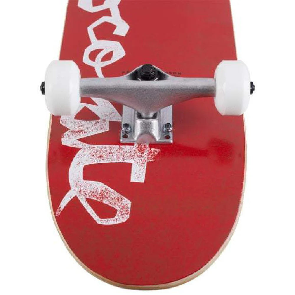 Red skateboard deck with white graphics and white wheels on a white background