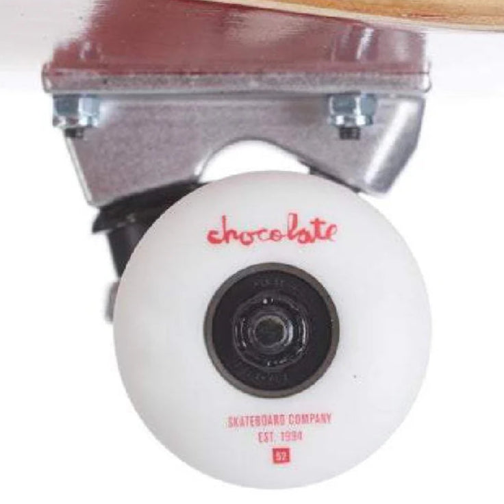 Close-up of a skateboard wheel with 'Chocolate' branding on a white background