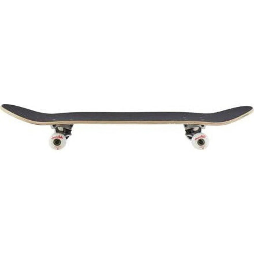 Skateboard with a black deck and white trucks on a white background
