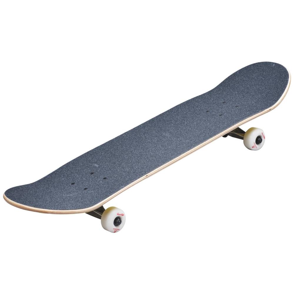 Skateboard with a blue deck and white wheels on a white background