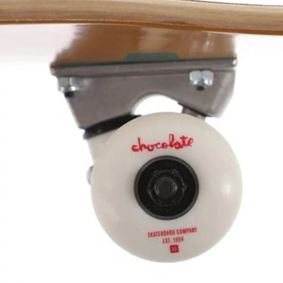 Close-up of a skateboard wheel with 'Chocolate' branding on a white background