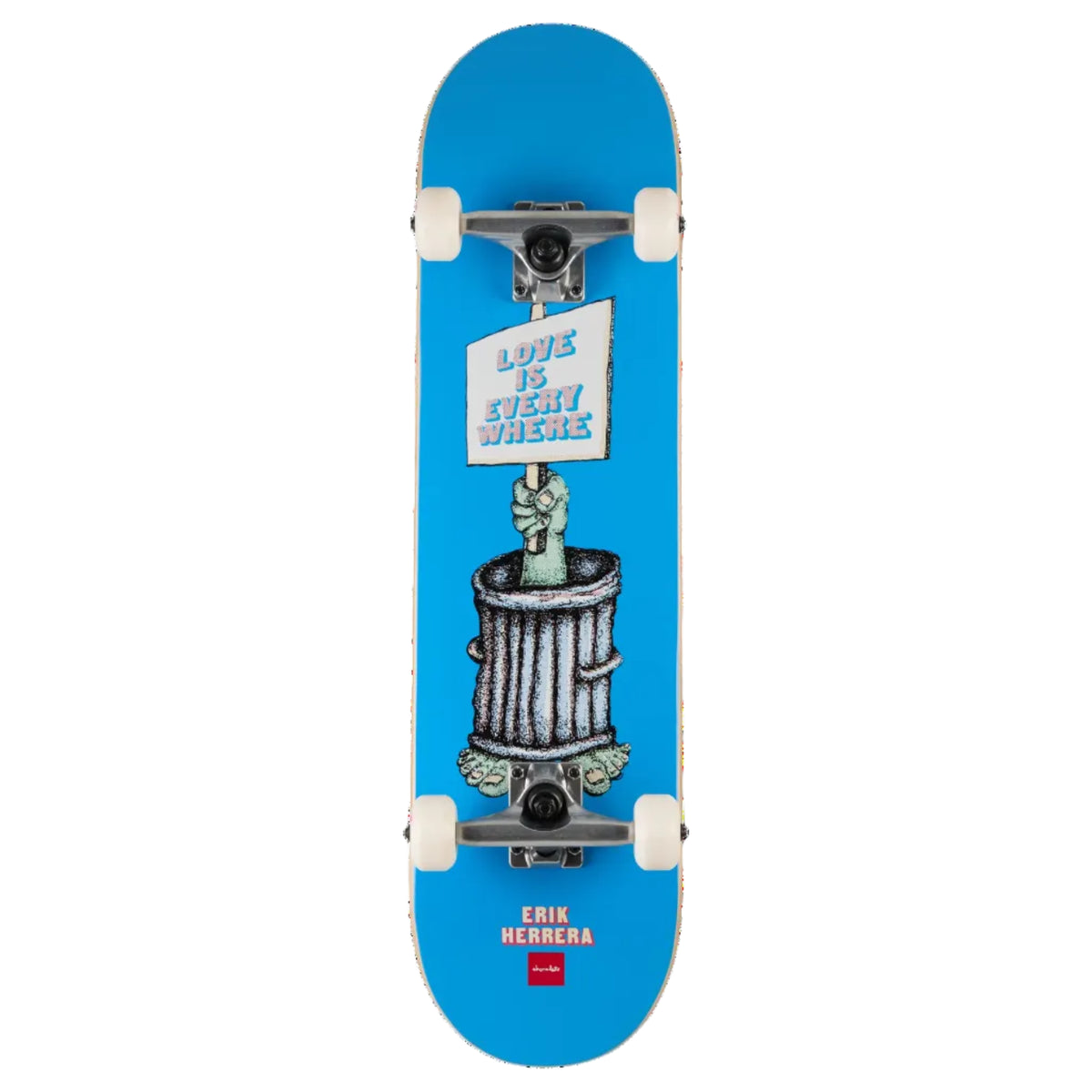 A bright blue skateboard deck featuring a graphic illustration of a hand holding a sign that reads 'LOVE IS EVERYWHERE' above a trash can, with the brand name 'ERIK HERRERA' printed in red near the bottom.