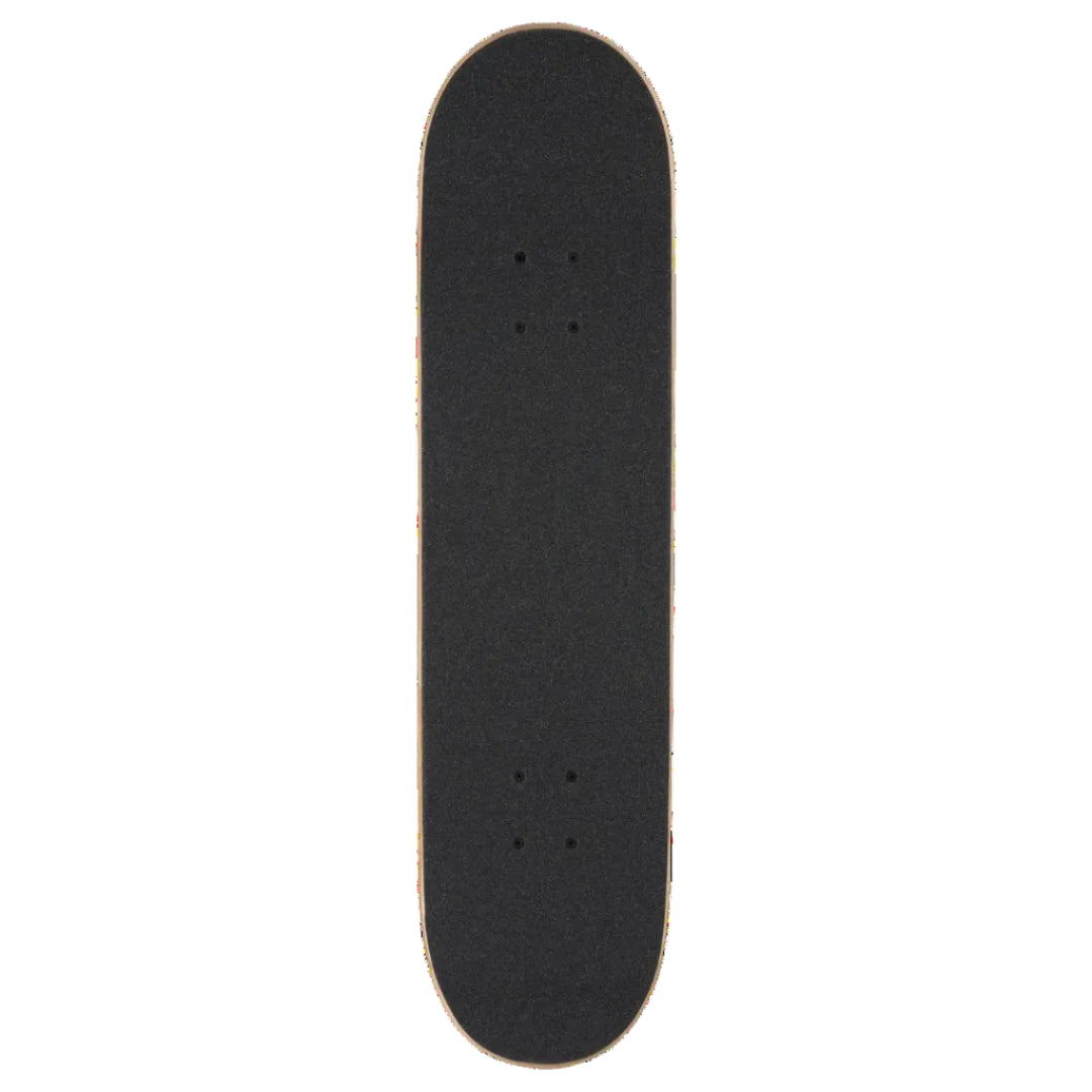 A black skateboard deck with grip tape on a solid white background.