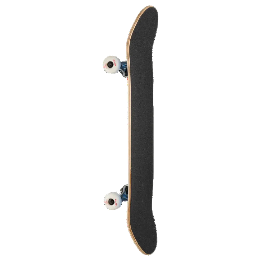 A skateboard shown vertically against a plain white background, displaying its black grip tape deck, natural wood edge, blue trucks, and white wheels.